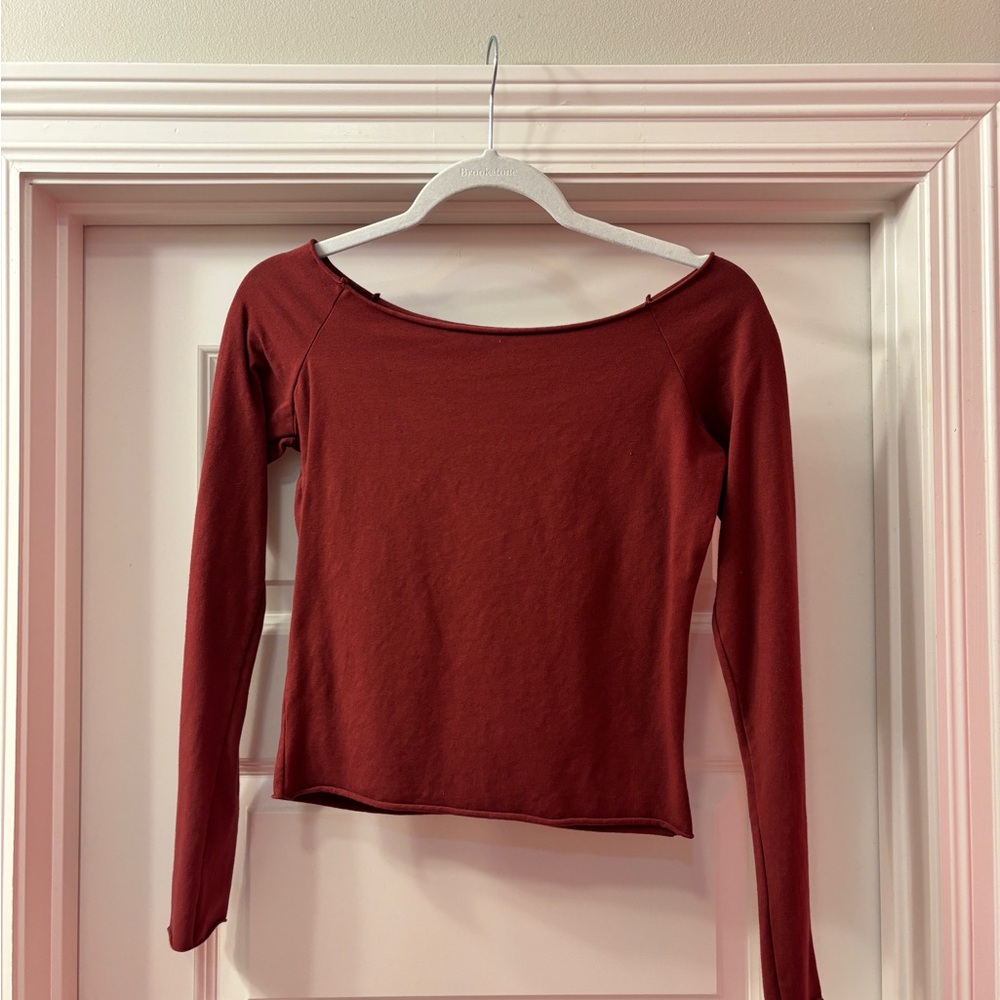 Dark red/burgundy longsleeve top with off the shoulder detail